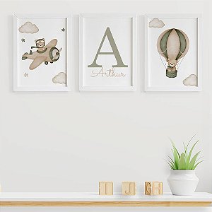 Quadros para quarto de bebê Ursinho Aviador com Inicial e Nome