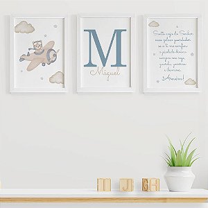 Quadros para quarto de bebê Ursinho Aviador Oração Santo Anjo com Inicial e Nome