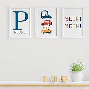 Quadro para quarto de bebê Carrinhos com Inicial e Nome