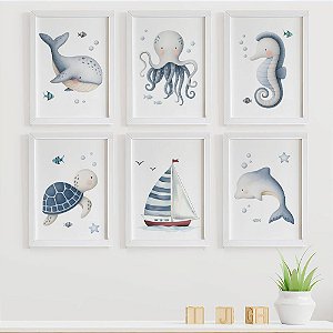 Quadros para quarto de bebê Fundo do mar Animais Marinhos e Barco