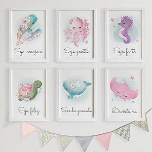 Quadros para quarto de bebê Feminino Fundo do mar com Frases Positivas