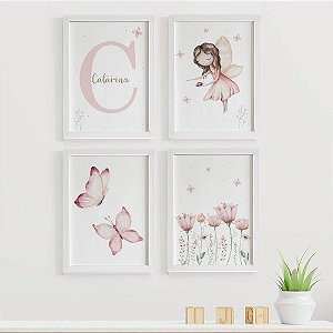 Quadros para quarto de bebê Fada Borboletas e Flores com Inicial e Nome