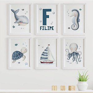 Quadros para quarto de bebê Fundo do mar Barco com Inicial e Nome