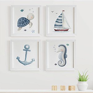 Quadros para quarto de bebê Fundo do Mar Tartaruga Barco Âncora Cavalo Marinho