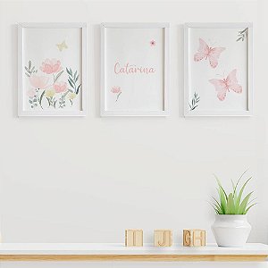 Quadros para quarto de bebê Borboletas Flores e Nome
