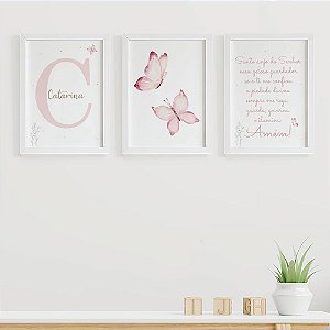 Quadros para quarto de bebê Santo Anjo Borboletas com Inicial e Nome