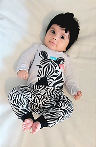 Conjunto Bebê Menina Zebra: Body Manga Longa, Calça e Faixa
