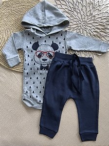 Conjunto Bebê Menino: Body com Capuz e Calça Panda