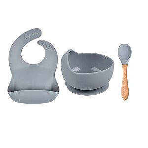 Kit de Introdução Alimentar Bebê 3 Peças: Bowl, Babador e Colher (Silicone/Bambu)