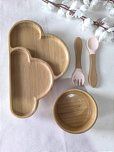 Kit de Introdução Alimentar Bebê 4 Peças: Prato e Bowl Bambu/Silicone