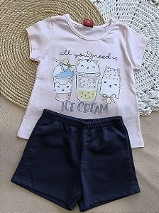 Conjunto Menina: Blusa Rosa Ice Cream e Bermuda Azul Marinho