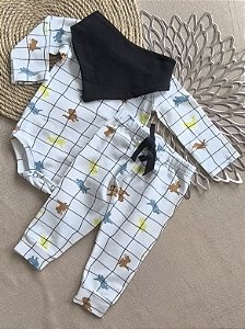 Conjunto Bebê: Body Manga Longa + Calça Cotton Light + bandana