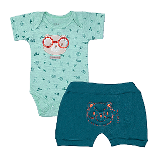 Conjunto Bebê Ursinho de Óculos: Body e Shorts