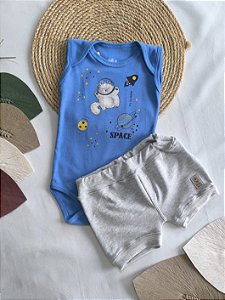 Conjunto Bebê Menino: Body Regata e Shorts Gato Astronauta