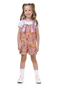 Conjunto Menina: Jardineira Florida e Camiseta Lisa