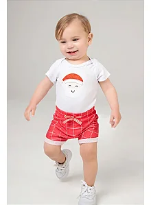 Conjunto Bebê Menino Body de Papai Noel e Shorts Xadrez