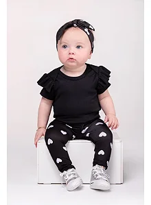 Conjunto Bebê Menina: Body de Ribana e Calça Suede Estampada com Faixa