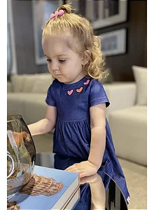 Vestido Infantil Jeans: Estampa Frontal e Bolsos