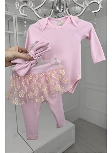 Conjunto Bebê 3 Peças Rosa: Body, Calça e Faixa Canelada