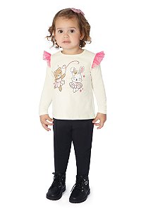 Blusa Infantil Menina Algodão com Tule Glitter e Laço