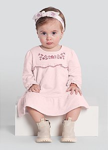 Vestido Bebê Menina em Malha com Bordado de Flores