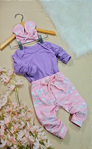 Conjunto Bebê Menina: Body Manga Longa, Calça e Faixa