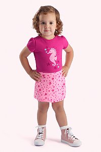 Conjunto Bebê Menina: Blusa Cavalo Marinho e Shorts-Saia Estrelas