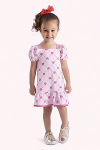 Vestido Bebê Quadriculado: Estampa de Coração e Manga Balonê