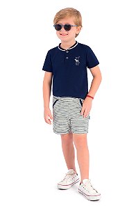 Conjunto Menino: Camiseta com Gola Portuguesa e Bermuda Listrada