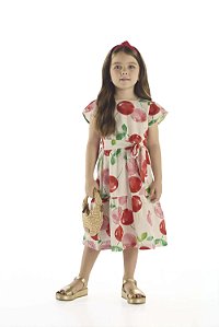 Vestido Midi Infantil Premium em Viscose e Linho - Estampa Cerejas