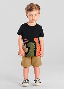 Conjunto Infantil Menino: Camiseta Dinossauro Puff e Bermuda Moletinho Lisa