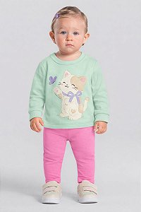 Conjunto Bebê Feminino Brandili Baby em Moletom com Estampa de Gatinho com Glitter