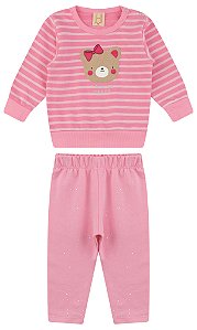 Conjunto Infantil Moletom Listrado com Urso e Legging Molecotton Glitter