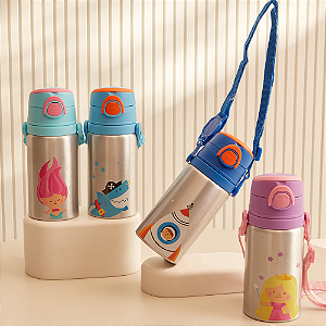 Garrafa Térmica Infantil em Aço Inox com Alça e Canudo - Coleção Personagens 400ml