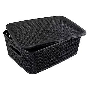 Caixa organizadora Rattan com tampa, Preta, 12,5L, OR24-05, São Bernardo