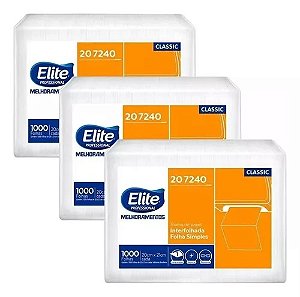 KIT COM 3 PACOTES DE PAPEL INTERFOLHADO FOLHA SIMPLES ELITE COM 1000 FOLHAS