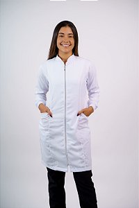 Jaleco Com Zíper Acinturado  em Gabardine Feminino Gola Padre