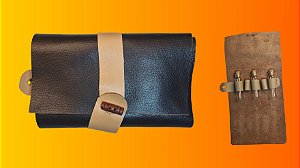 Porta Temperos em Couro com 3 Vidros e Rolhas