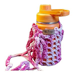 Bolsa Porta Garrafa Artesanal em Crochê Rosa com Alça Manu Crochê