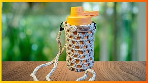 Bolsa Porta Garrafa Artesanal em Crochê Bege com Alça Manu Crochê