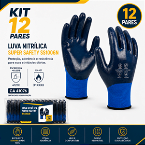 KIT 12 PARES Luva Nitrílica Super Safety SS1006N CA 41076 Grip Nitrílico