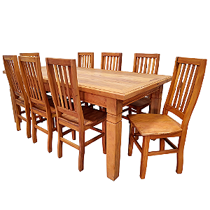 Conjunto de Jantar Rústico Mesa Canastra com 8 Cadeiras em Madeira Maciça de Demolição