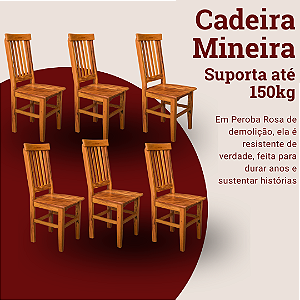Kit com 6 Cadeiras Rústicas Mineira em Madeira Maciça de Demolição
