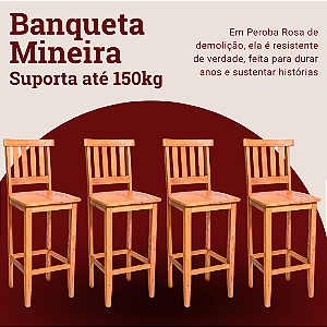 Kit com 4 Banquetas Rústicas Mineira em Madeira Maciça de Demolição