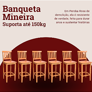 Kit com 6 Banquetas Rústicas Mineira em Madeira Maciça de Demolição