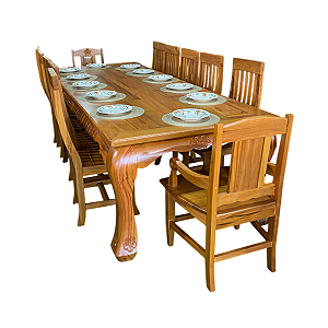 Conjunto de Jantar Rústico Mesa Florença com 10 cadeiras e 2 Poltronas em Madeira Maciça de Demolição