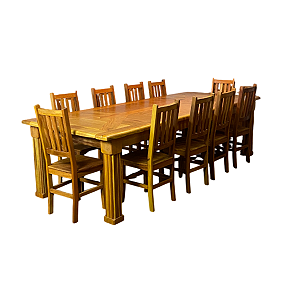 Conjunto de Jantar Rústico Mesa Atena com 10 Cadeiras em Madeira Maciça de Demolição
