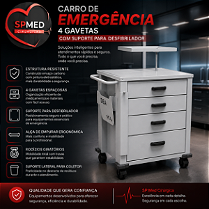 Carro De Emergência C/ 4 Gavetas c/ Suporte para Desfibrilador