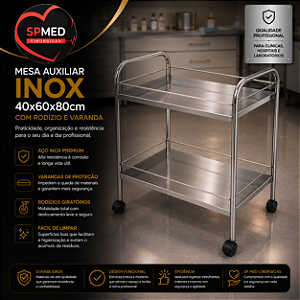 Mesa Auxiliar Inox 40x60x80cm com Rodizio e Varanda