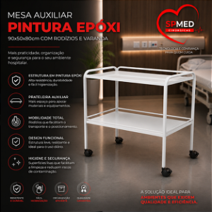 Mesa Auxiliar Pintura Epóxi 90x50x80cm com Rodizio e Varanda